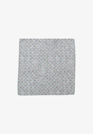 Cotton tablecloth with a light gray background, featuring small multi-colored floral patterns in blue, lavender, and white. Rectangular shape.