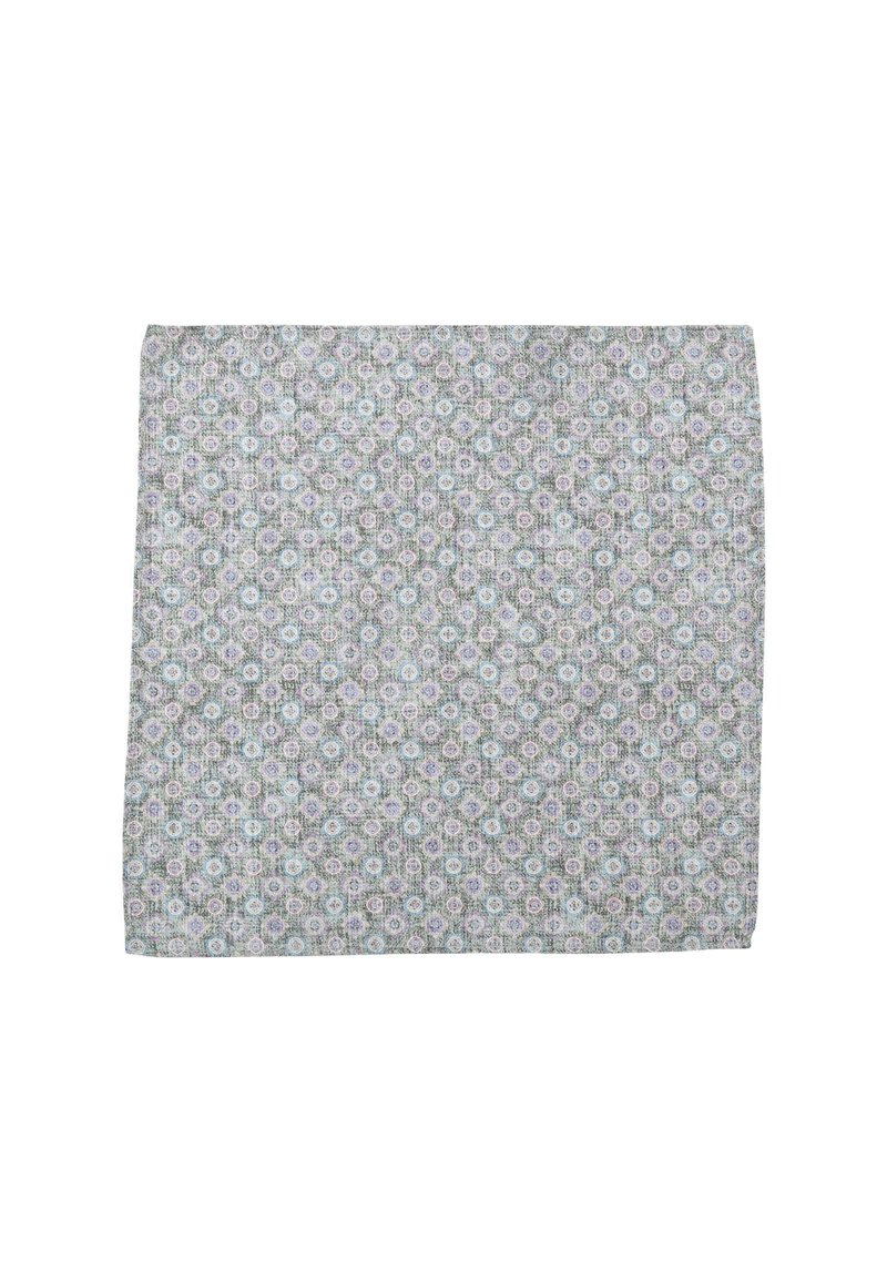 Cotton tablecloth with a light gray background, featuring small multi-colored floral patterns in blue, lavender, and white. Rectangular shape.