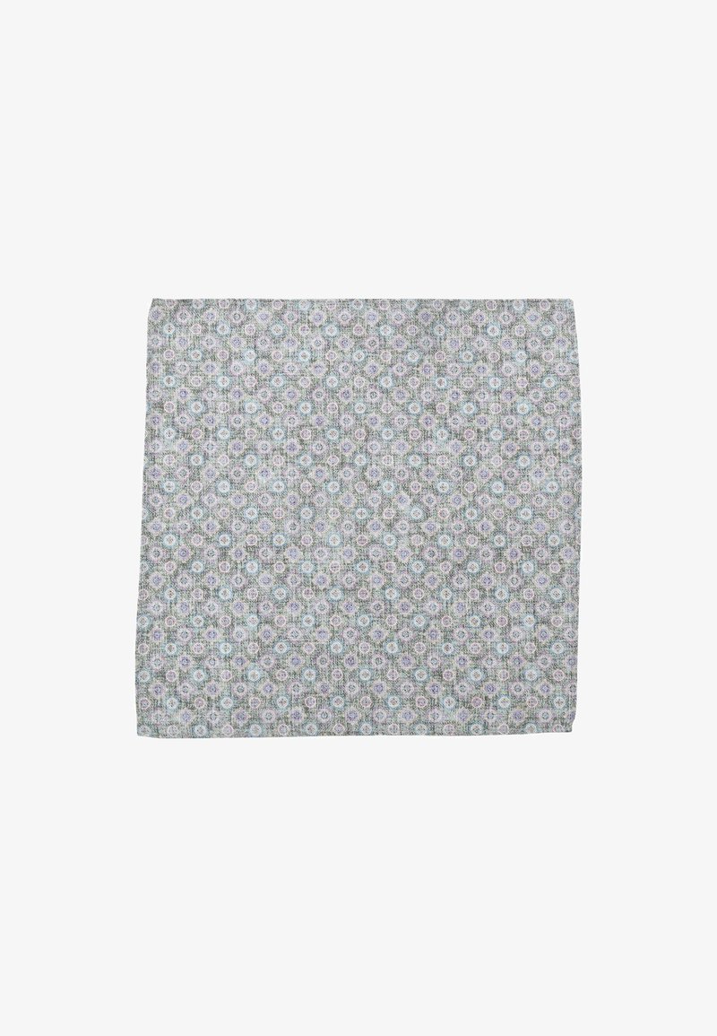 Cotton tablecloth with a light gray background, featuring small multi-colored floral patterns in blue, lavender, and white. Rectangular shape.