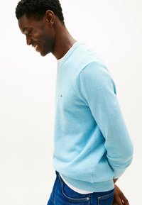 Pullover in maglia blu chiaro con texture, collo rotondo e maniche lunghe, con un piccolo logo sul lato sinistro del petto. Indossato sopra una maglietta bianca.