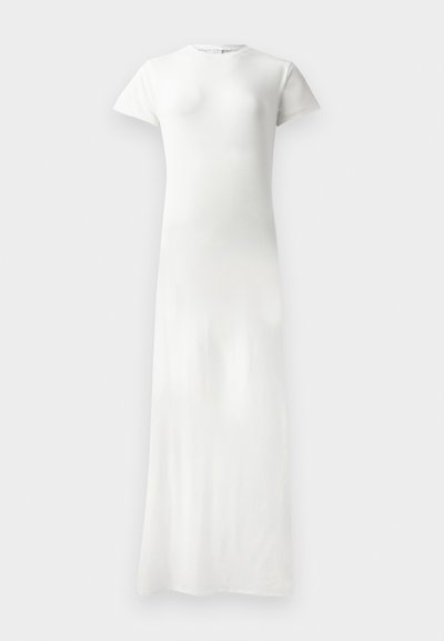 Long, fitted, white dress with short sleeves, round neckline, smooth texture, and a floor-length design. No visible patterns or accents.