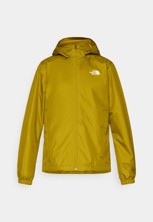 Yellow waterproof jacket with a hood, elastic cuffs, and a full front zipper. Features a logo on the upper left chest. Smooth texture.