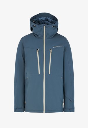 Heren blauwe skijas met een waterdichte buitenkant, verstelbare capuchon, twee voorzakken met rits en contrasterende lichtbeige accenten.