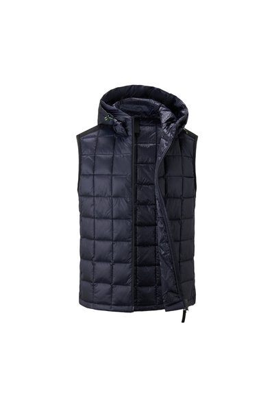  gepolsterte marineblaue Weste mit Kapuze, die ein gestepptes Design, einen Reißverschluss und kontrastierende schwarze Details an den Rändern aufweist.