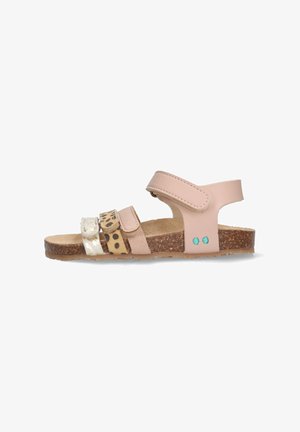 Rosa Sandalen mit verstellbaren Klettverschlüssen, die eine Mischung aus Texturen und ein Leopardenmuster-Band aufweisen. Korksohle mit türkisfarbenen Akzenten.