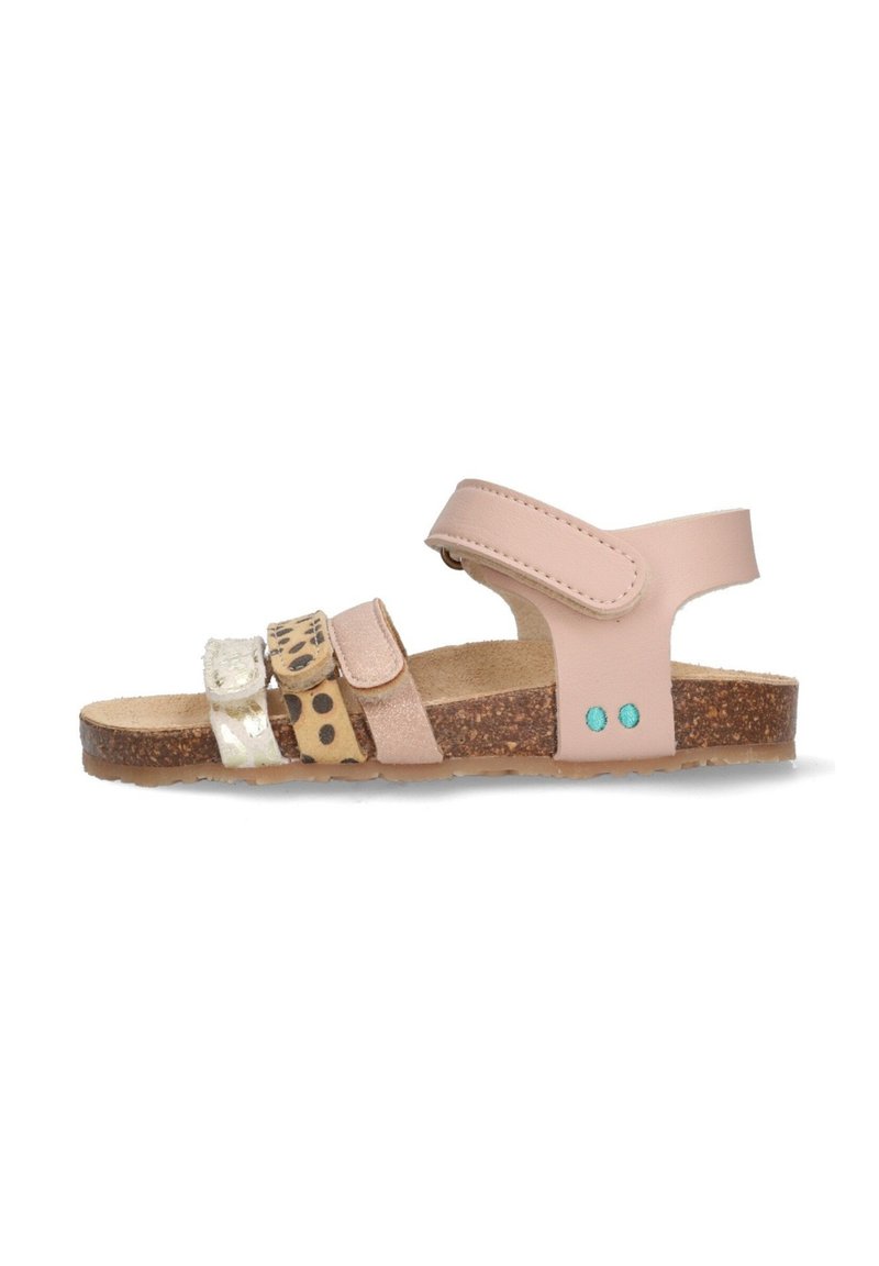 Rosa Sandalen mit verstellbaren Klettverschlüssen, die eine Mischung aus Texturen und ein Leopardenmuster-Band aufweisen. Korksohle mit türkisfarbenen Akzenten.