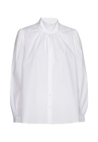White button-up shirt with a high, gathered neck, puffed sleeves, and a loose fit, made from a smooth cotton material.