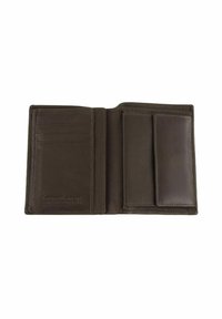 Portefeuille en cuir marron avec plusieurs emplacements pour cartes et un compartiment pour les billets. Texture douce, design minimaliste et logo discret embossé à l'intérieur.