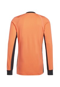 Langärmliges Sportshirt in leuchtendem Orange, mit schwarzen Seitenübergängen und einem runden Kragen. Glattes, leichtes Material mit enganliegender Passform.