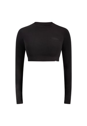 Crop top noir à manches longues fabriqué à partir d'un matériau lisse et extensible. Il présente un col rond et un accent logo subtil à l'avant.