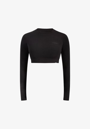 Crop top noir à manches longues fabriqué à partir d'un matériau lisse et extensible. Il présente un col rond et un accent logo subtil à l'avant.