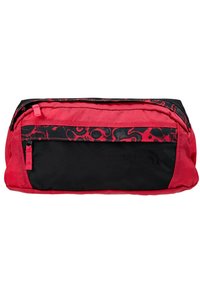 Banane rectangulaire rouge et noire avec motif abstrait, deux compartiments zippés et logo The North Face embossé sur la poche avant.