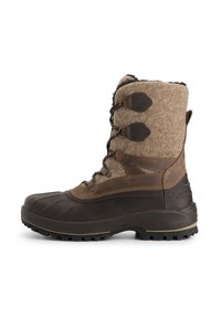 Bruine geïsoleerde winterlaars met een upper van vilt, rubberen onderkant, vier metalen oogjes en een gestructureerde buitenzool voor grip.