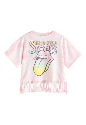 Rosa Batik-Cropped-T-Shirt mit Fransen am Saum, auf der Vorderseite mit dem The Rolling Stones Logo und einer pastellfarbenen Lippen- und Zungen-Grafik.