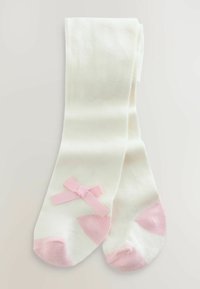 Valkoiset taaperoiden sukkahousut, joissa on vaaleanpunaiset varvas- ja kantapääkoristeet sekä pieni vaaleanpunainen nauharusetti lahkeessa.