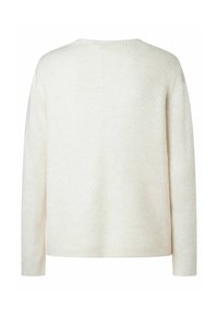 Hellbeige gestrickter Pullover mit gerippter Textur, langen Ärmeln und Rundhalsausschnitt. Verfügt über eine diagonale Naht auf der Rückseite.