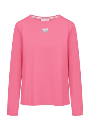 Roze lange mouwen shirt met zilveren hartendetail in het midden net onder de halslijn, ronde hals en een eenvoudige rechte zoom.