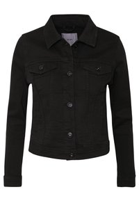 Svart denimjacka med långa ärmar, krage, två bröstfickor och knäppning med knappar. Har en figurnära form och minimala sömnadsdetaljer.