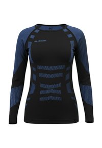 Schwarze Langarm-Basisschicht mit blauen gemusterten Akzenten und strukturierten Schultern; mit Rundhalsausschnitt und figurbetontem Schnitt.