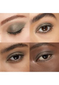 Fyra närbilder på ögon med brun och grå ögonskugga, som visar olika hudtoner och ögonbrynsformer.