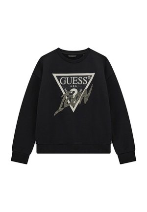 Sort langærmet sweatshirt med GUESS-logo trekant og "1981" design i sølv rhinsten på fronten.