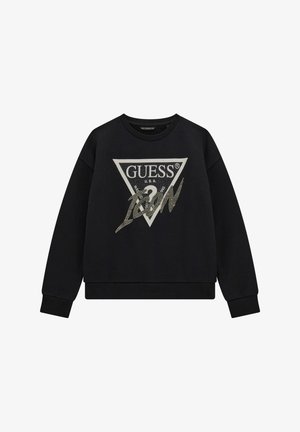 Sweat-shirt noir à manches longues avec logo triangulaire GUESS et le chiffre "1981" en strass argentés sur le devant.