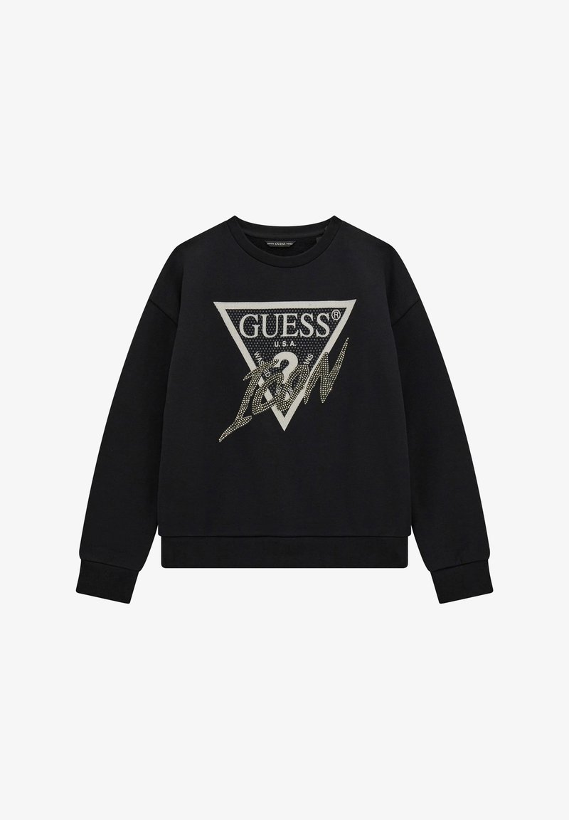 Sweat-shirt noir à manches longues avec logo triangulaire GUESS et le chiffre "1981" en strass argentés sur le devant.