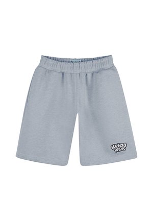 Shorts en coton gris avec une ceinture élastique, un design arrivant au genou, et un logo "KENZO PARIS" en noir sur la jambe gauche.