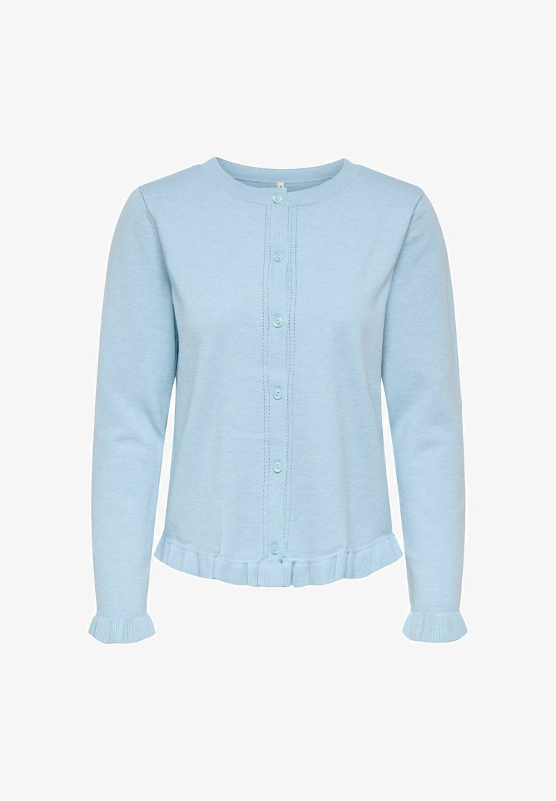 Cardigan bleu clair à manches longues avec encolure ronde, boutons sur le devant et bords froncés en bas et aux poignets.
