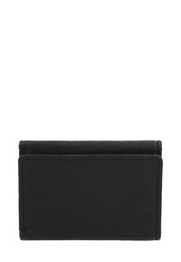 Schwarzes Lederportemonnaie mit strukturierten Oberflächen, gefaltetem Design und kontrastierenden Nähten. Verfügt über ein glattes Innenfutter.