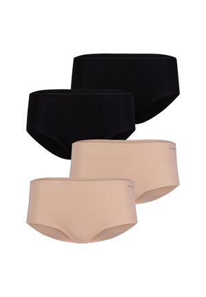 Fire sømløse hipsterundertøj til kvinder i sort og beige, arrangeret i to par med glat stof og minimalistisk design.