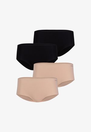 Neljä saumattomia naisten hipsterialusvaatetta mustana ja beigenä, aseteltuna kahdeksi pariksi sileällä kankaalla ja minimalistisella designilla.