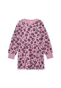Rosa langärmliges Kinderkleid mit schwarz und dunkelrosa floralem Leopardenmuster sowie gerippten Bündchen und Ausschnitt.