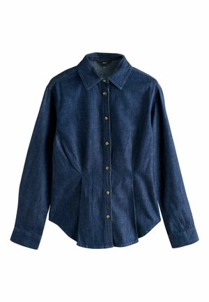 Dark blue denim shirt with a spread collar, long sleeves, and a button-front closure. Features stitching details and a curved hemline.