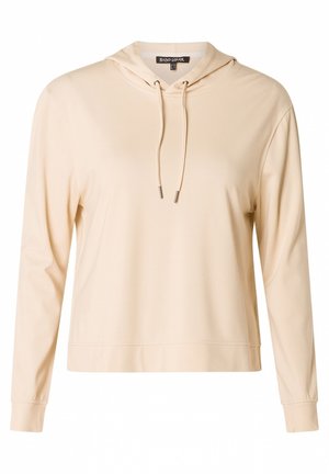 Beige hoodie met lange mouwen, gemaakt van zacht materiaal. Heeft een trekkoord bij de halslijn en een relaxte pasvorm.