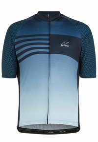 Jersey de ciclismo de manga corta en azul degradado con mangas de patrón geométrico, cremallera media en el frente y logotipo de "Protest" en blanco en el pecho.