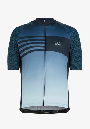 Short-sleeve cycling jersey in gradient blue with geometric patterned sleeves, half-zip front, and "Protest" logo in white on chest.