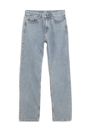 Ljusblå rak benjeans i denim, med fem fickor, guldstickningar och midjeband med bälteshällor.