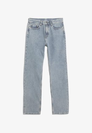 Helleblaue gerade geschnittene Jeans aus Denim, mit fünf Taschen, goldener Stickerei und einem Bund mit Gürtelschlaufen.