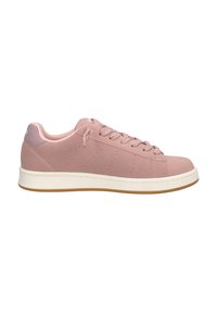 Sneaker in suede rosa con suola in gomma bianca, punta tondeggiante e design piatto con lacci. Presenta dettagli laterali perforati e un tab sul tallone a contrasto.