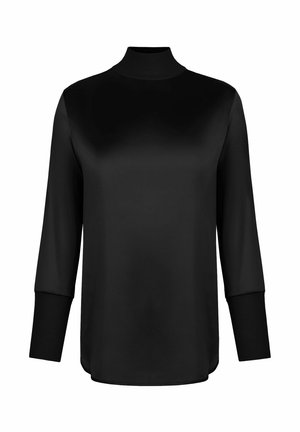 Sort bluse med lange ærmer, høj hals og forlængede manchetter, glat stof og en let rundet kant.