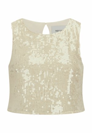 Beige glitter crop top met een ronde halslijn, een gladde textuur en een kleine sleutelgatopening aan de achterkant. Heeft een gevoerde binnenkant.