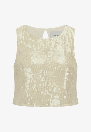 Top court en sequins beige avec un col rond, texture lisse et une petite ouverture en forme de clé dans le dos. Caractéristiques d'une doublure intérieure.