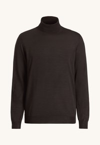Maglione aderente marrone scuro a maniche lunghe con collo a cisterna. Realizzato in materiale morbido, presenta un collo fitted e polsini e orlo a coste. Texture liscia.