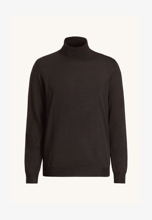 Dark brown, long-sleeve turtleneck sweater. Made of soft material, features a fitted collar, and ribbed cuffs and hem. Smooth texture.