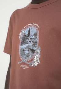 Καφέ βαμβακερό t-shirt με vintage γραφικό τύπωμα που απεικονίζει μια λίμνη, ένα σπίτι και λουλουδένιες διακοσμήσεις. Το κείμενο περιλαμβάνει τη φράση "Baxter Peak Lakeside Resort."