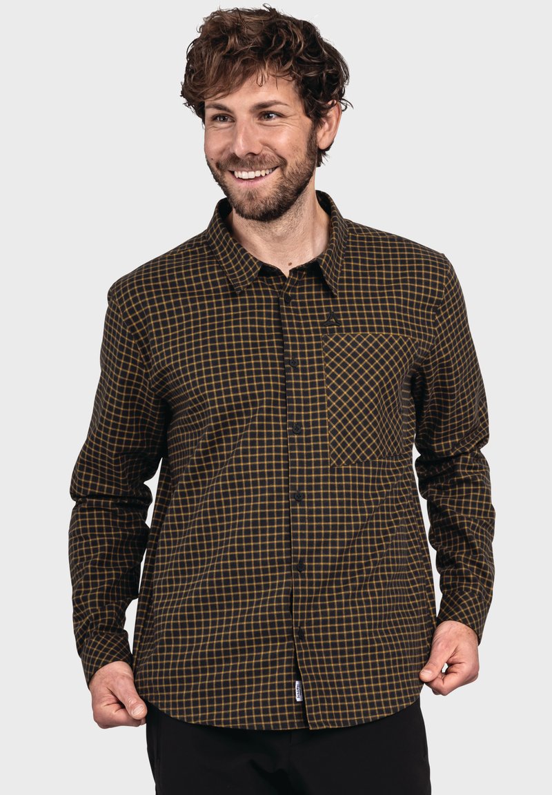 Braun und schwarz karierter Hemd mit Knöpfen und einer Brusttasche, aus weichem Material und mit langen Ärmeln. Geeignet für legere Anlässe.