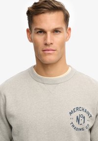 Sweat-shirt gris clair en coton, avec un col rond, des poignets côtelés et un logo imprimé bleu marine sur la poitrine. Texture lisse.