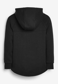 Sweat à capuche noir avec manches longues et poignets côtelés, montré de dos avec un ourlet légèrement arrondi.