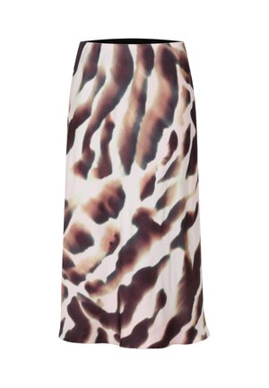 Midikleid aus einem seidig-glänzenden Stoff mit cremefarbigem Grund und abstrakten Mustern in Dunkelbraun und Mauve. Mit einem elastischen Bund für zusätzlichen Komfort.